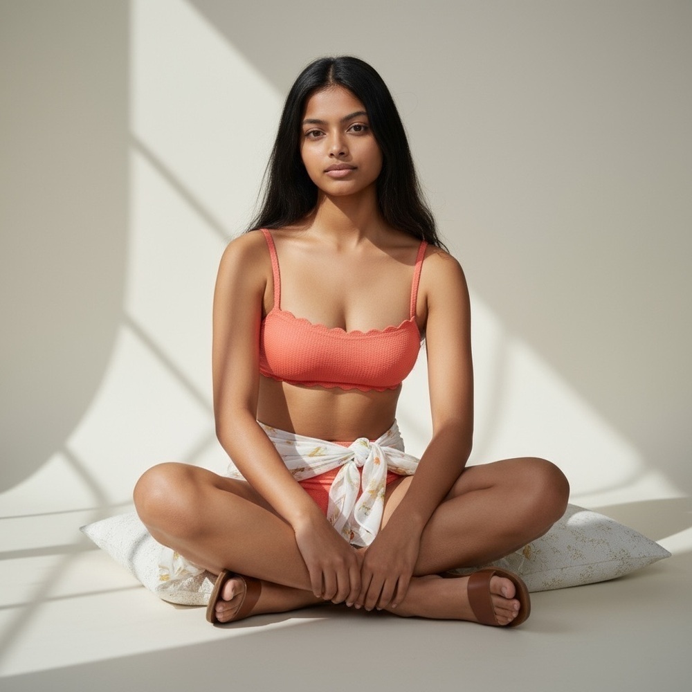 🌻NEW (w/tags) Aerie Coral Color Waffle Scalloped Bandeau Bikini Top Size Small